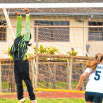 Waimea goalie Sondra Jacinto makes a great save by pushing a shot over the goal