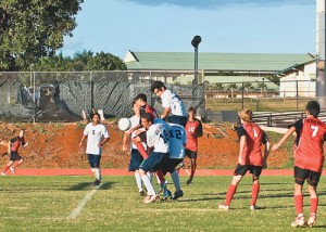 Waimeaâ€™s defense converges to stop a KHS corner kick