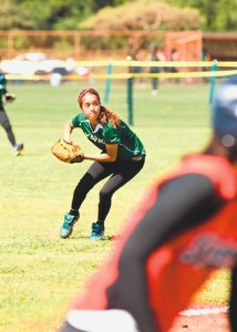 Shortstop Lerae Ho‘opi winds up to throw out an ‘Iolani baserunner