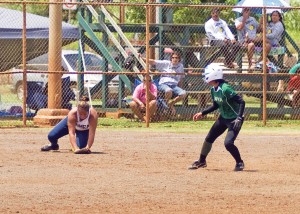 Waimea third baseman Gaylan Matagiese snags a hard-hit ball in the gap, and holds the runner at second.